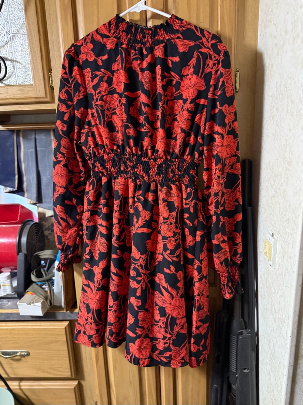 SHEIN Black Tunic Dress with Red Floral Print